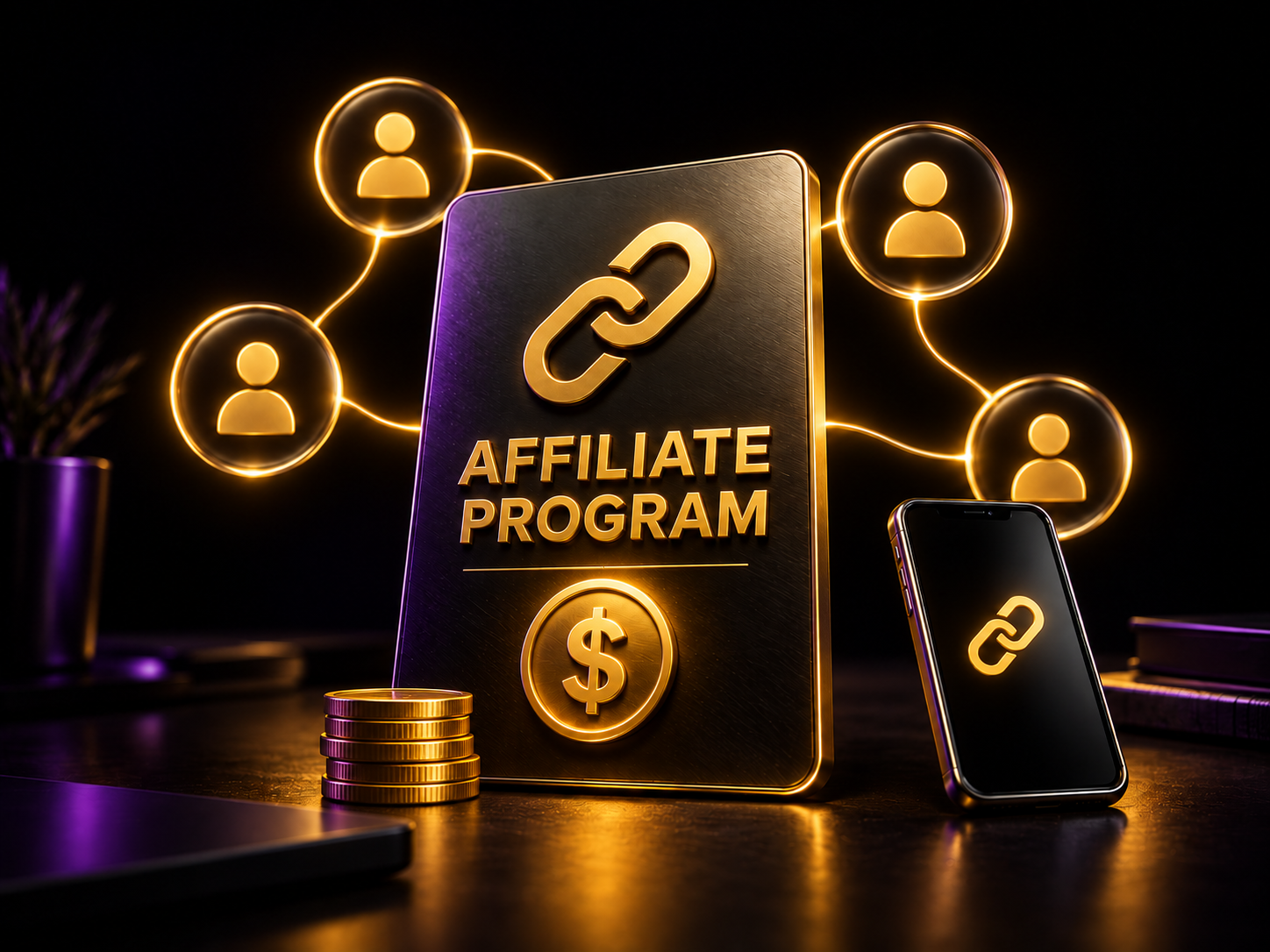 Affiliate program card with a gold dollar emblem, coin stack and connected referral icons