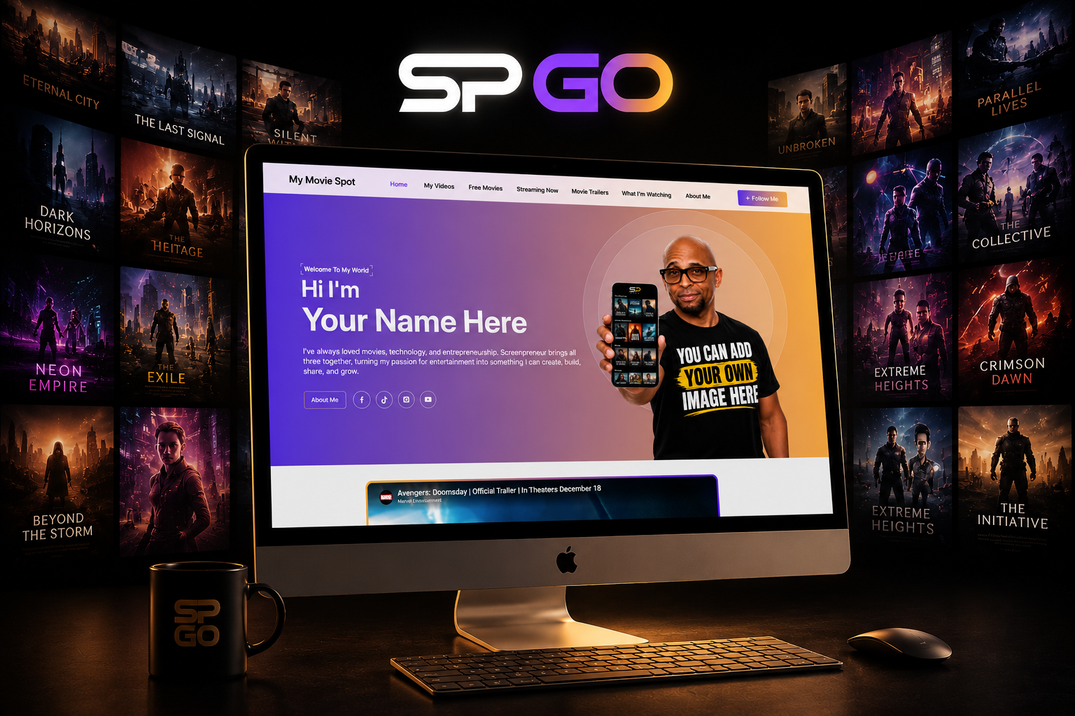 A Screenpreneur website created with SP Go shown across desktop, laptop, and phone devices