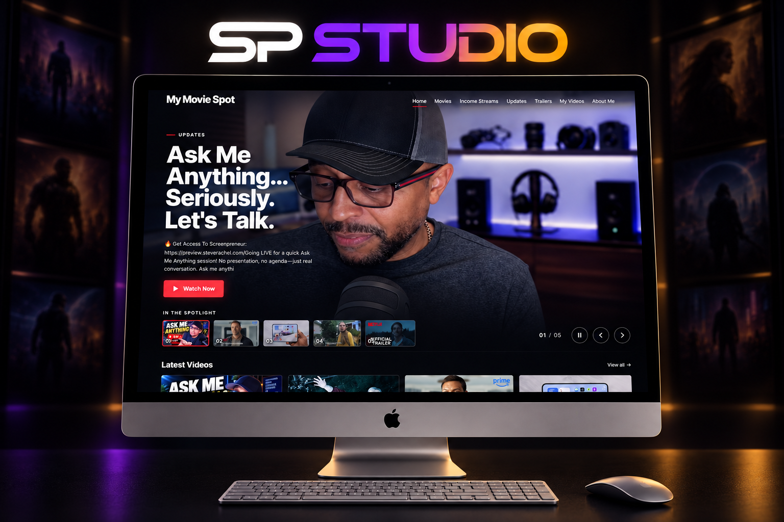 SP Studio wordmark above a silver iMac showing streaming page against a subdued cinematic background
