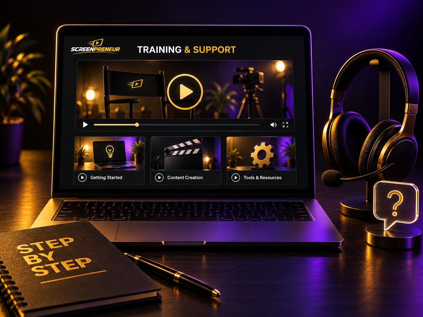 Training illustration with video lessons on a laptop, a support headset and a step-by-step workbook